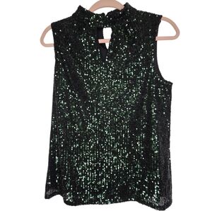 Cable & Gauge sleeveless mock turtleneck sequined top in emerald green